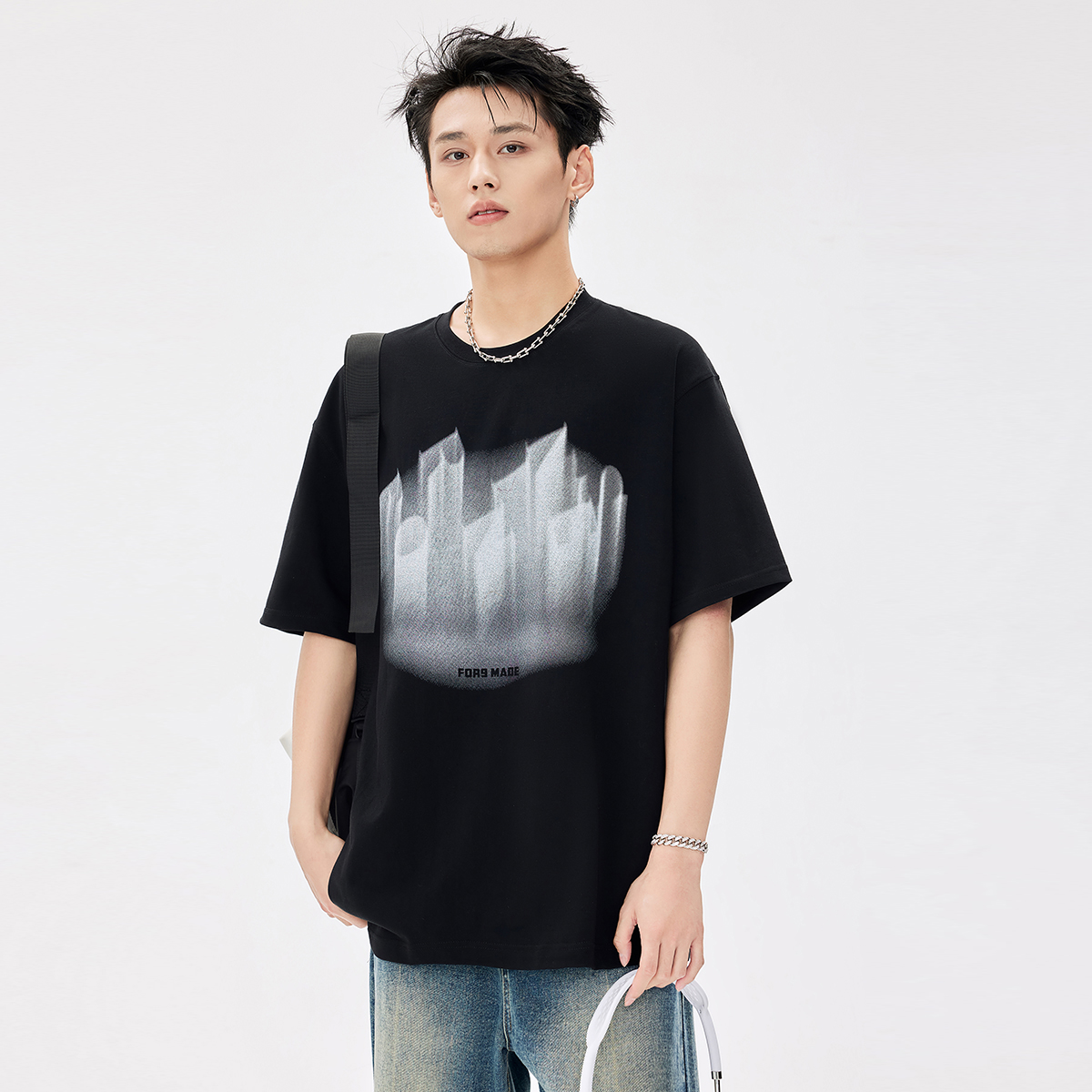 HomePanda300g重磅白色短袖t恤男夏季新款美式纯棉印花宽松上衣潮 - 图0