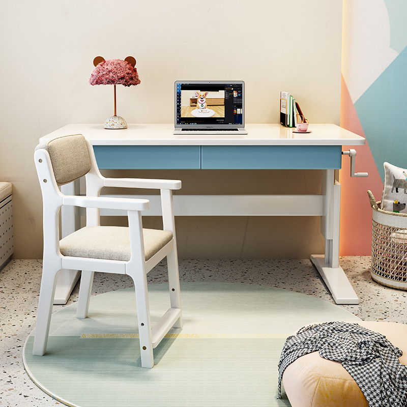 儿童书桌实木学习桌简约现代手摇升降写字桌家用小学生课桌椅原木 - 图2