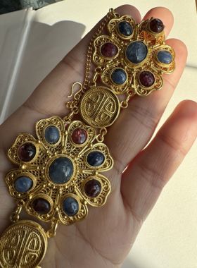 创汇期老款纯银花丝鎏金镶嵌老碧玺手镯，银花丝手链 后面s925标