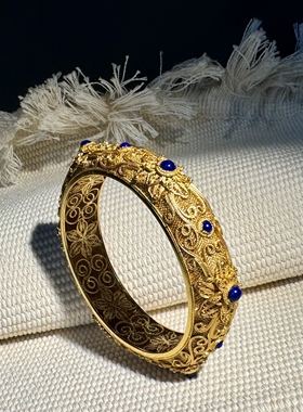 银花丝鎏金镶嵌原矿青金石手镯精工三层掐丝工艺纯手工拉丝掐丝