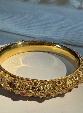 纯手工s925银花丝镶嵌老碧玺手镯三层精工拉丝