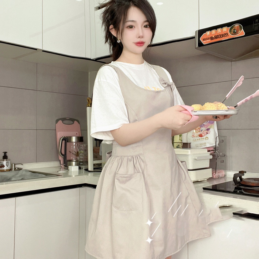 姜妍同款围裙新款灰色米色蝴蝶结工作服美甲烘培漂亮可爱罩衣,淘宝优惠券,粉丝福利购,淘宝优惠卷