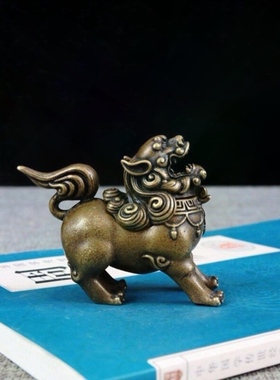 黄铜做旧防古玩瑞兽狮子麒麟朝天吼檀香熏香炉居家书房摆件老铜器