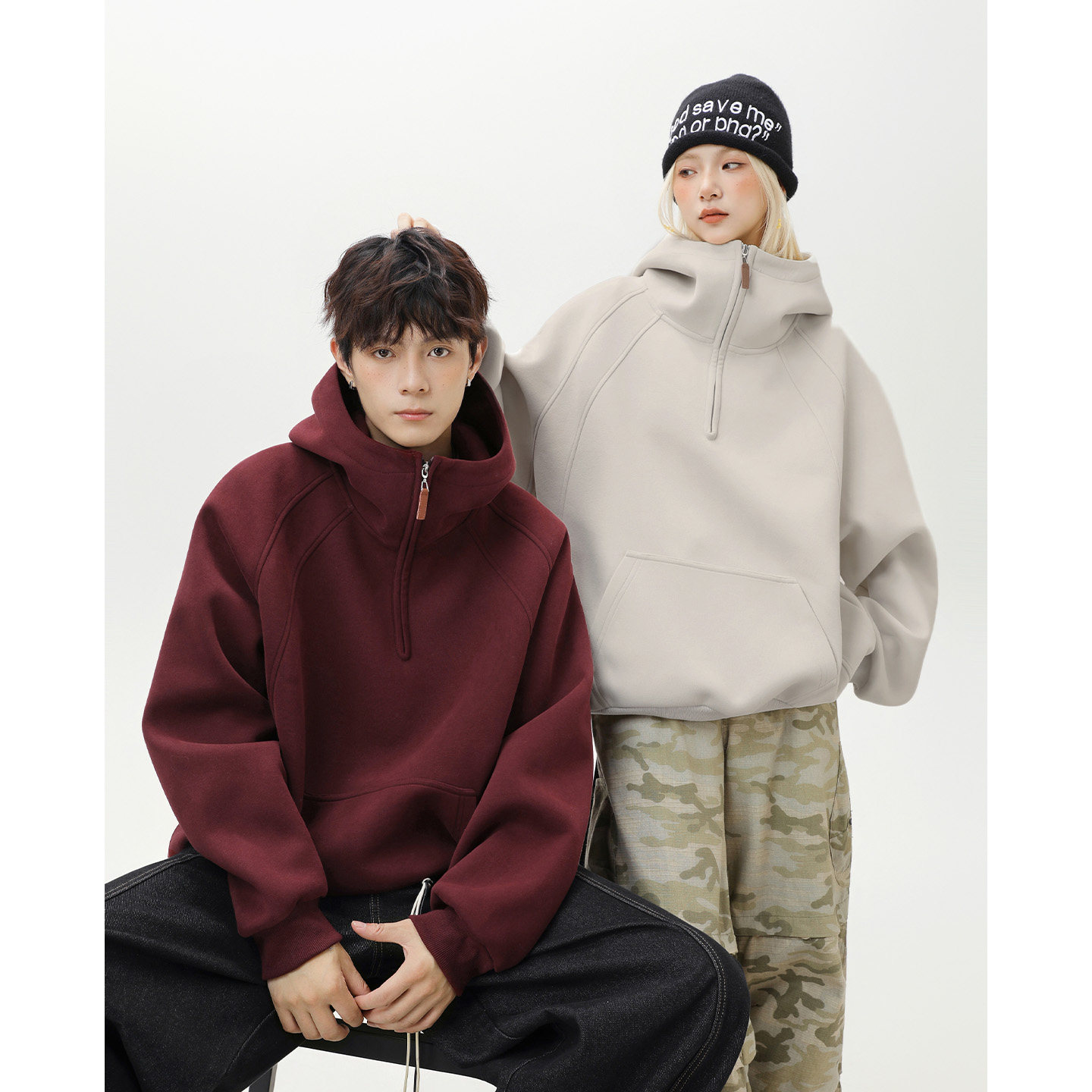 OFF-UP 重磅半拉链连帽卫衣情侣款立体裁剪拼接纯色休闲上衣 - 图0