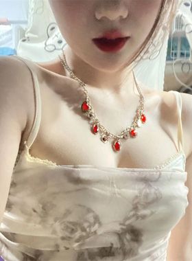 欧美复古红色水晶项链女