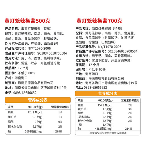 琼酱王黄灯笼辣椒酱700g海南特产超特辣香辣蒜蓉黄剁椒酱酸汤肥牛 - 图2