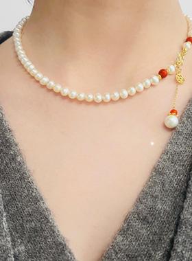 天然淡水珍珠南红项链女生礼物