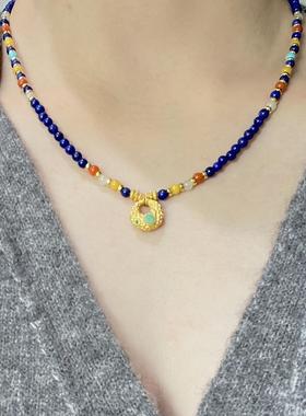 天然青金石绿松南红蜜蜡项链