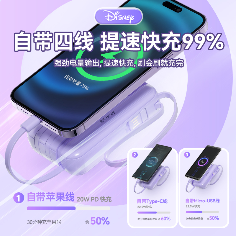 博依诺 Disney迪士尼正版授权 三合一便携式充电宝 10000mAh 天猫优惠券折后￥59.9包邮（￥129.9-70）多色可选