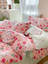 Sweet Garden -- Little White Rabbit Pink Red Bed Bedding pure cotton sheet Quilt Cover Single Piece Custom Little Rabbit Cute