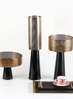 轻奢创意金属镂空果盘花瓶组合家居摆件售楼部样板房花瓶托盘饰品