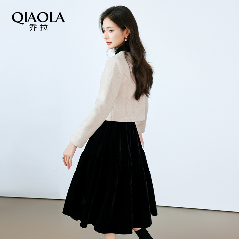 乔拉【丽斯小姐】深冬装搭配一整套撞色翻领外套裙子小香风套装 - 图0