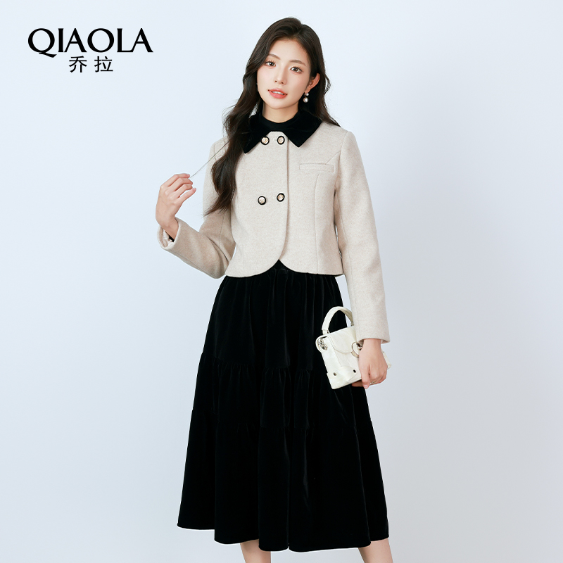 乔拉【丽斯小姐】深冬装搭配一整套撞色翻领外套裙子小香风套装 - 图1