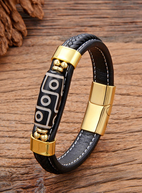 钛钢皮质手链配饰九眼天珠民族风藏式编织手环男女学生手绳男手串