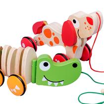 2023 new wooden tug puppies crocodile toy baby boy 1-2-3 years old hand pulled rope Learn to walk