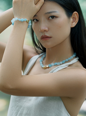vk饰品 【灵曜·光与石】天蓝色糯体海蓝宝水晶手链小众原创手链
