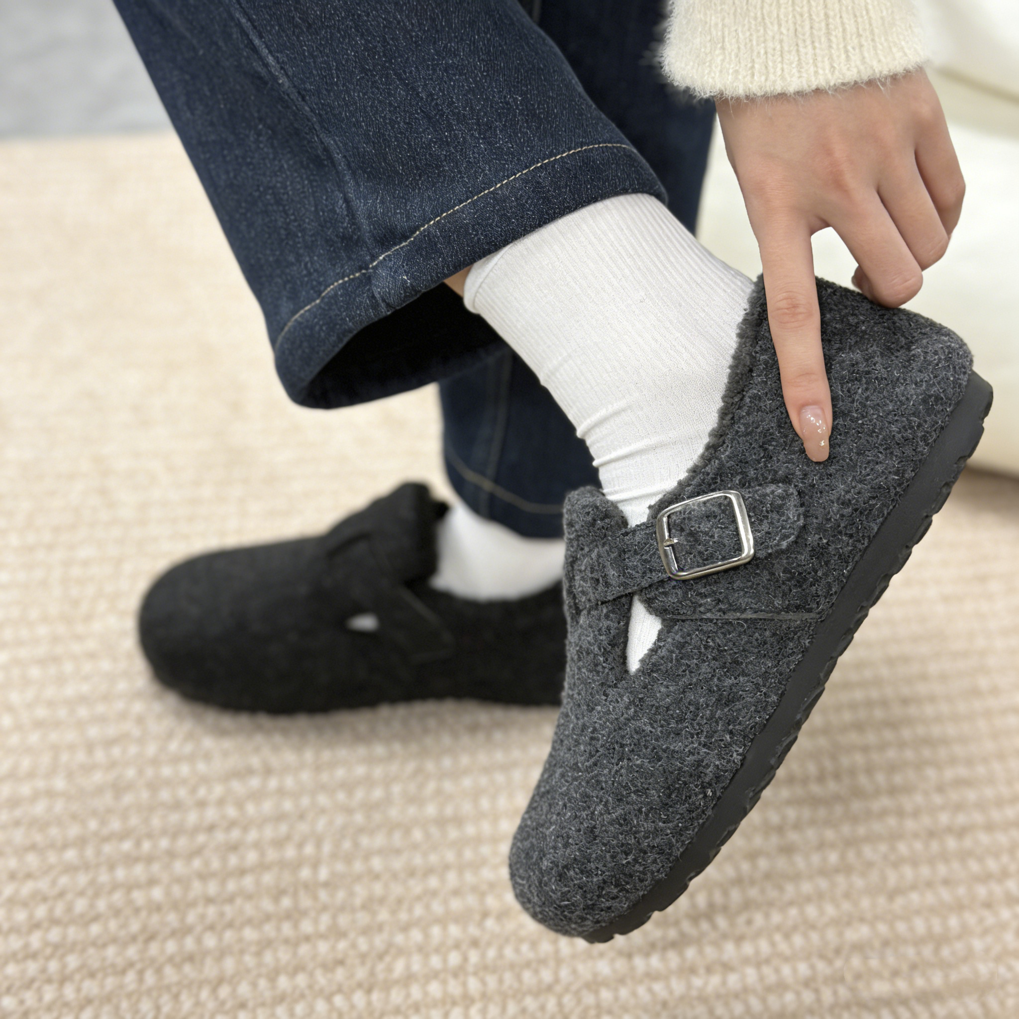 休闲风勃肯鞋女加绒冬季灰色复古港风外穿舒适软底防滑加厚一脚蹬,淘宝优惠券,粉丝福利购,淘宝优惠卷