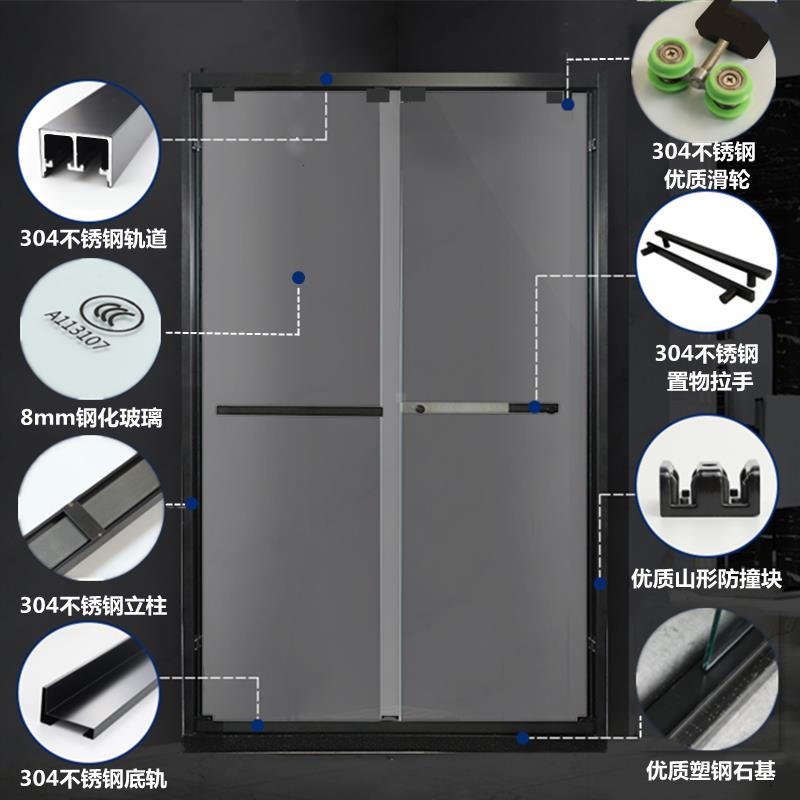 304不锈钢淋浴房一字隔断黑色钢化玻璃推拉移门屏风浴室干湿分离-图2