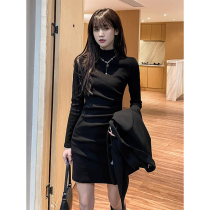 Autumn Winter Nepotism Hitch Hip Skirt Woman Black Big Coat With Undercoat Dress Slate Dress 2023 New Winter