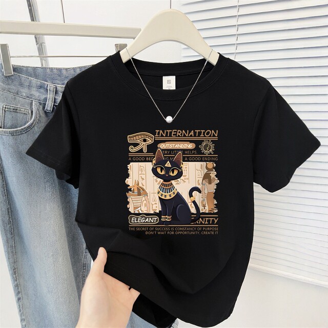 Creative cat print summer 2026 new right shoulder round neck T-shirt niche Korean versatile top ins trend