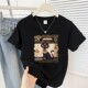 Creative cat print summer 2026 new right shoulder round neck T-shirt niche Korean versatile top ins trend
