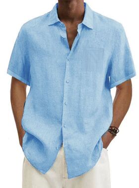 men Cotton Linen Hot Sale Men's Short-Sleeved Shirts Summer