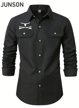 Men's Spring and Autumn Long-sleeved Lapel Double Pocket Shi