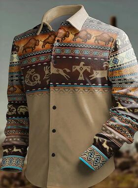 Men's Retro Western Style Denim Long Sleeve Shirt Fashion Va