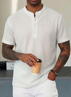 Men's polo shirt with Henley collar, short-sleeved T-shirt,