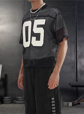 Men s Breathable Mesh Shirt with Bold Number Print Sheer Sho