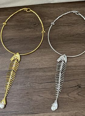 Novelty Design Alloy Big Fish Bone Pendant Choker Necklace F