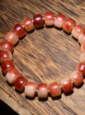 天然骆驼骨高密度老型桶珠单圈情侣款藏传民族风原创设计红色手串