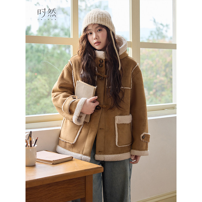 时然大码连帽皮毛一体外套冬季新款微胖MM保暖百搭休闲麂皮绒外套,淘宝优惠券,粉丝福利购,淘宝优惠卷