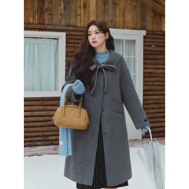 时然大码灰色毛呢长款大衣微胖MM冬新款女装外套百搭休闲冬装上衣 - 图1