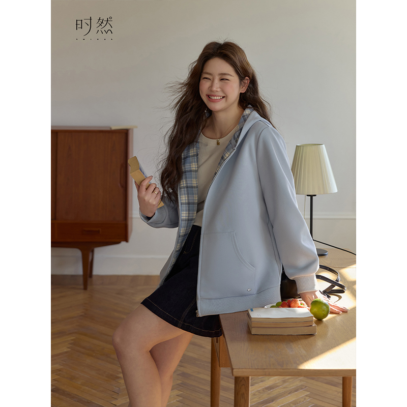 时然大码微胖MM2025春季韩系简约百搭实穿设计感连帽卫衣外套 - 图1