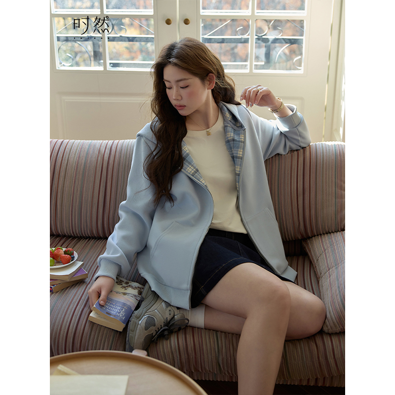 时然大码微胖MM2025春季韩系简约百搭实穿设计感连帽卫衣外套 - 图2