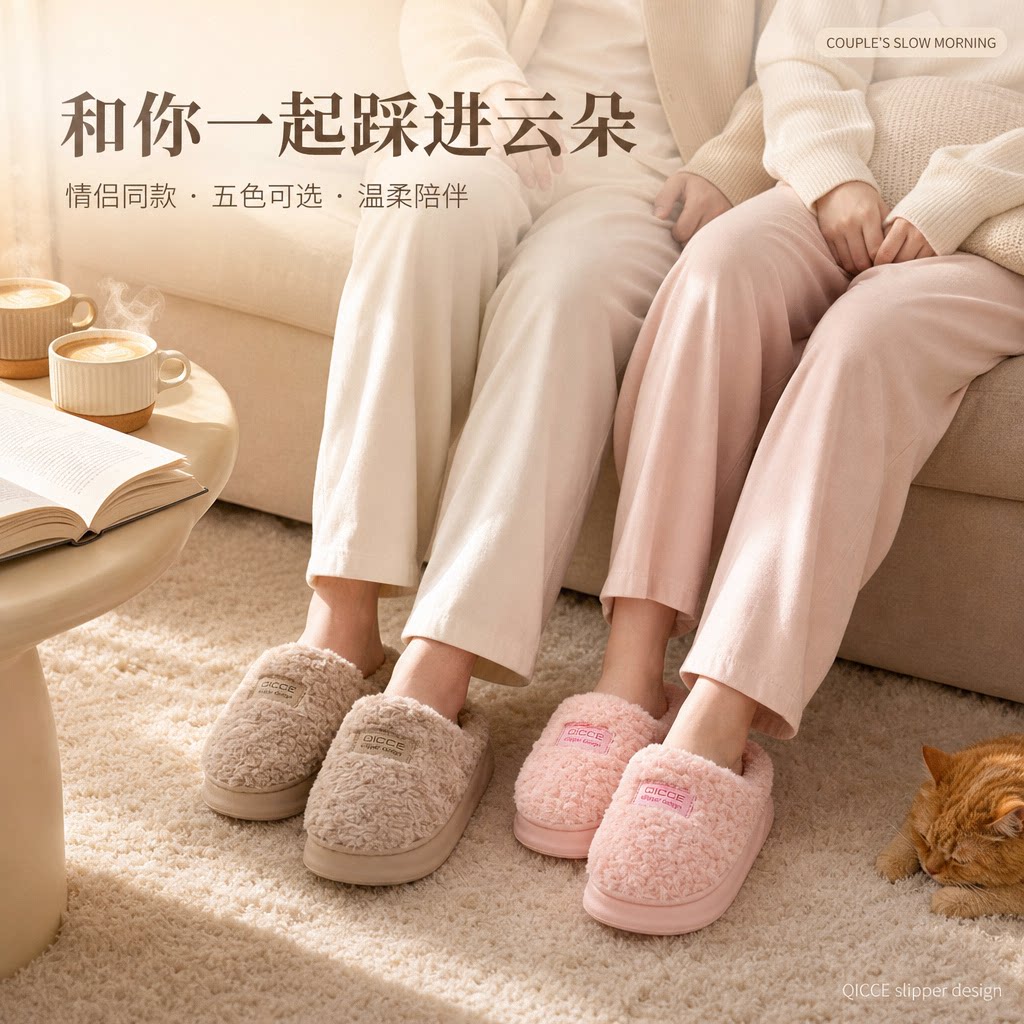 轻臣家居保暖厚底毛绒情侣棉拖