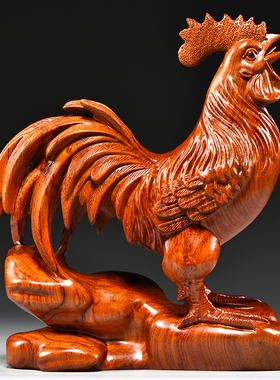 花梨木雕大公鸡摆三合十二生肖木头鸡家居客厅装饰品开业乔迁送礼