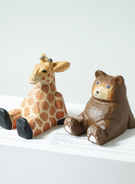 手机架手工木雕长颈鹿棕熊动物卡通木质治愈系桌面实用装饰品