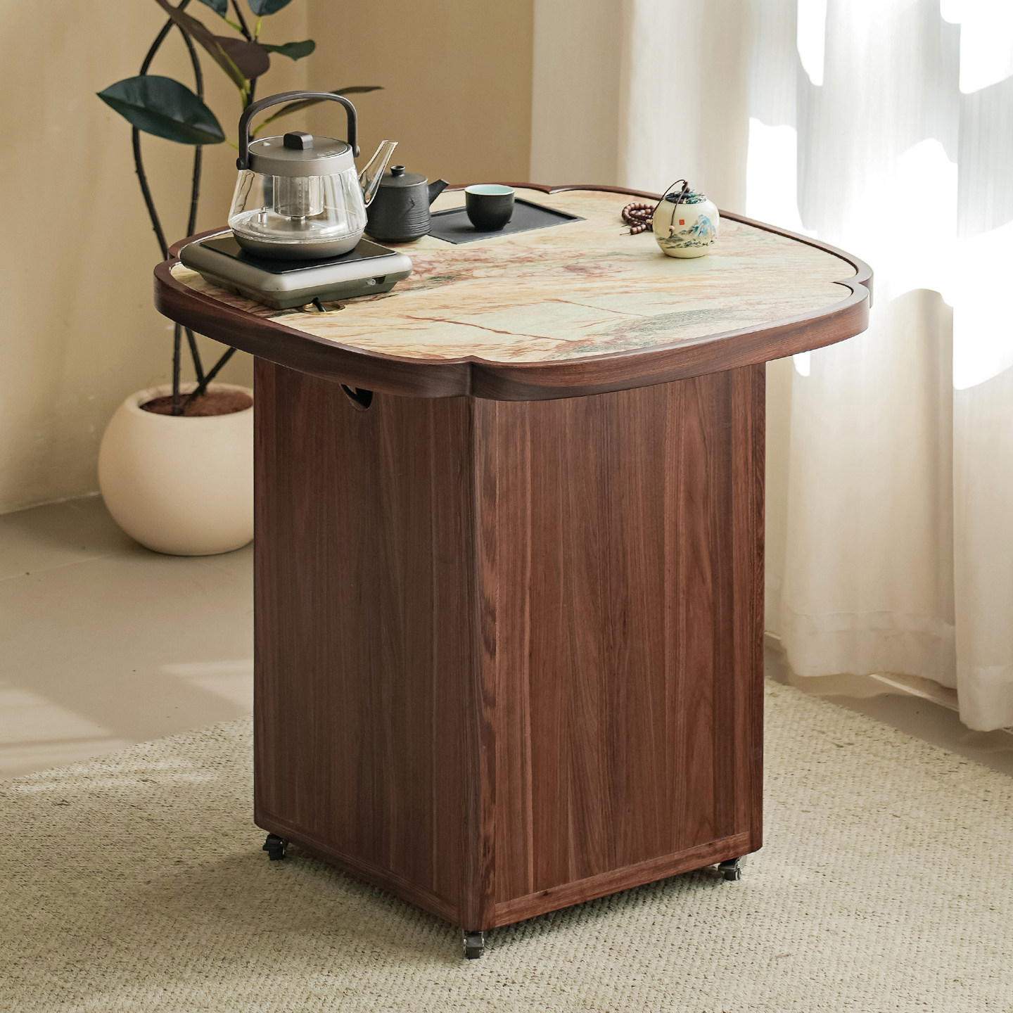 即品2025新款旋转可移动带轮茶台轻奢乌金木阳台书房小型家用茶桌,淘宝优惠券,粉丝福利购,淘宝优惠卷