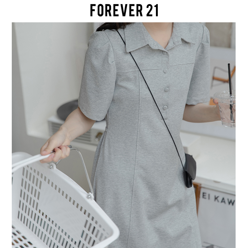 Forever 21日系学院风polo领连衣裙女早春灰色泡泡袖收腰中长裙子-图0