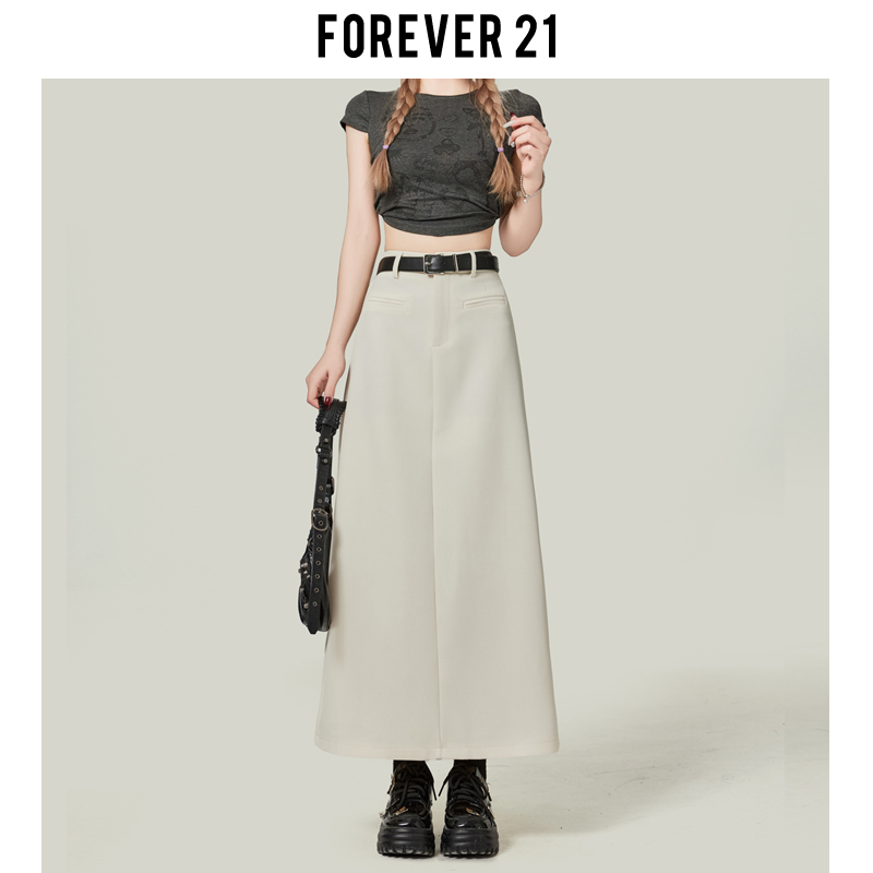 Forever21杏色西装半身裙女白色后开叉直筒裙高腰中长一步A字裙子-图1