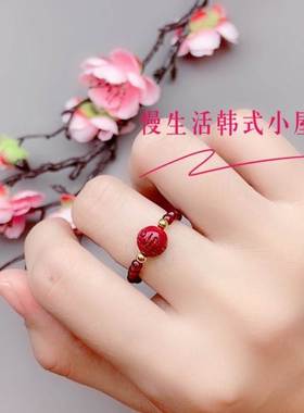 天然朱砂戒指女款招财貔貅紫金砂本命年转运珠时尚个性小指环尾戒