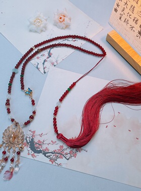 中国风马面裙配饰新中式明制汉服项链凤凰璎珞红流苏背云气质饰品