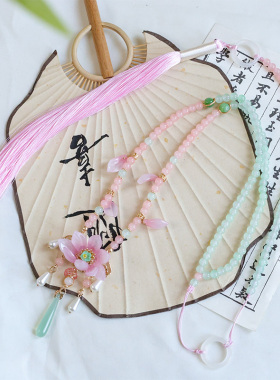 夏季国风荷莲花粉璎珞古风汉服元素中式马面旗袍配饰流苏背云项链