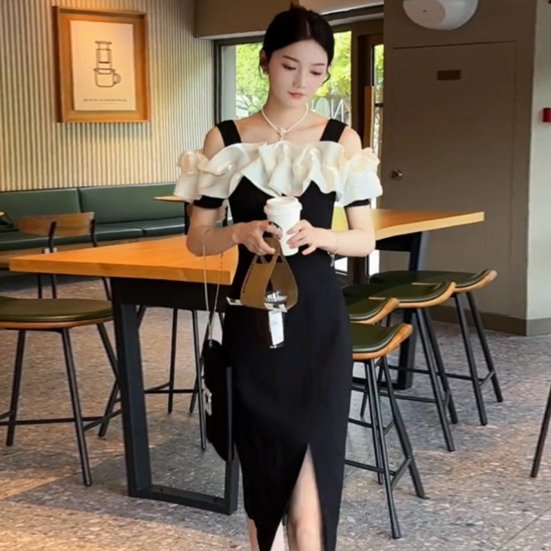 一字肩法式连衣裙女网纱性感荷叶边拼接小黑裙气质收腰显瘦鱼尾裙