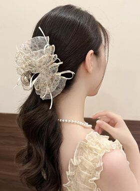 碎花网纱蝴蝶结丝带大鲨鱼夹