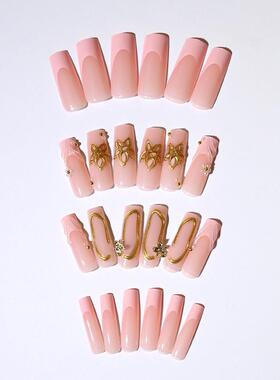24片跨境热销立体花朵法式穿戴甲中长款高级感3D波纹美甲甲片