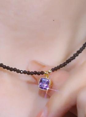 葡萄紫项链小众设计感紫色方糖吊坠黑水晶锁骨链2025年新款爆款洋