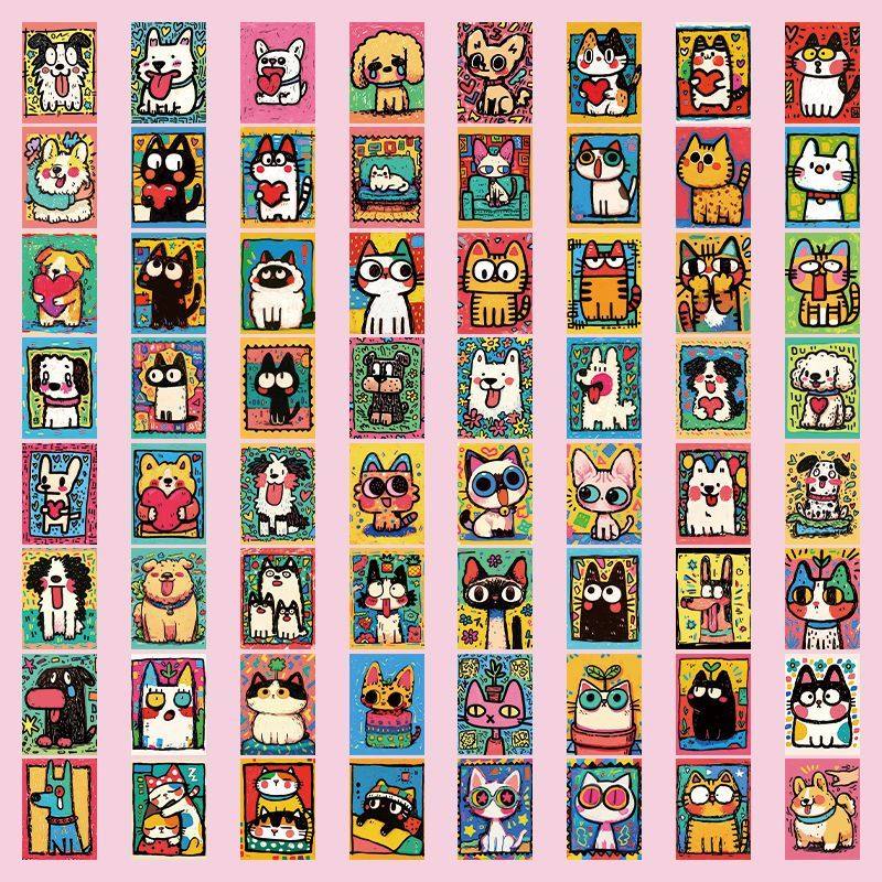 64张彩绘猫咪狗狗插画贴纸卡通可爱艺术色彩装饰笔记本手帐贴画,淘宝优惠券,粉丝福利购,淘宝优惠卷